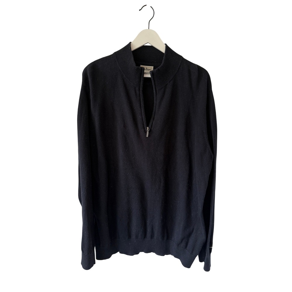 LL‎ Bean Mens XL Black Cotton Cashmere Quarter Zip Pullover Sweater 275298